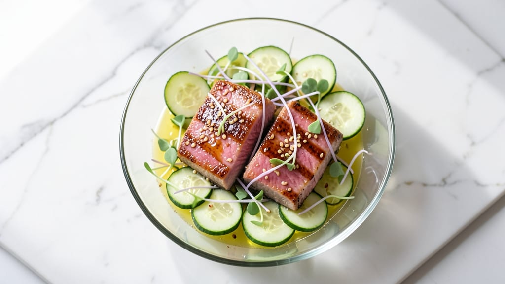 BJ's Seared Ahi Salad Recipe: Smoky Sesame Crunch Over Citrusy Cucumber Beds