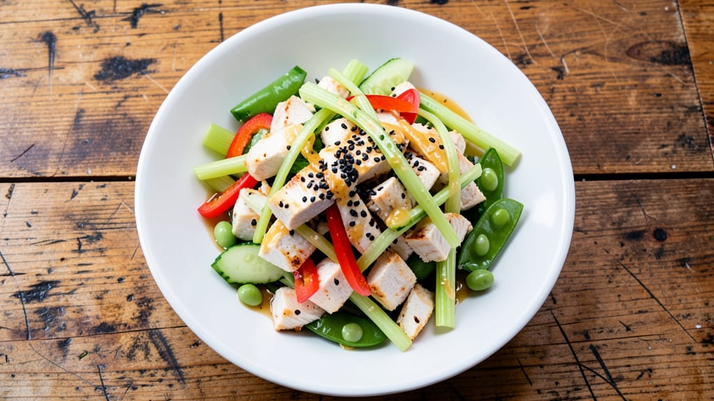 California Pizza Kitchen Chinese Chicken Salad Recipe: Crunchy Celery Crowns Over Tangy Sesame Dressing