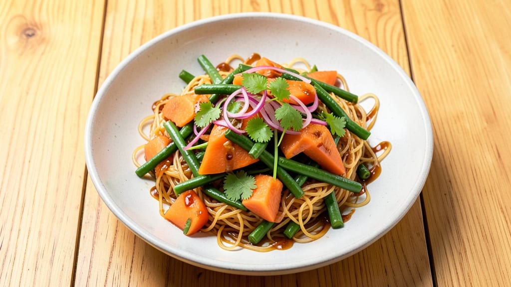 Asian Papaya Salad Recipe: Tangy Tamarind Dressing with Crispy Rice Noodles