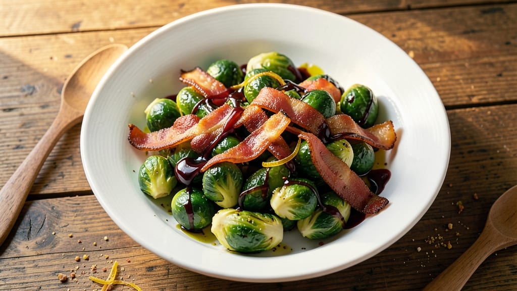Brussels Sprouts Salad Recipe With Bacon: Crispy Bacon Bites Over Earthy Greens