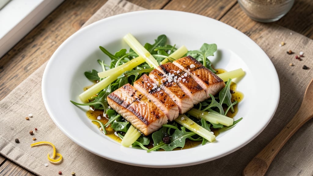 Grilled Salmon and Barefoot Contessa Salad Recipe: Charred Fish Over Crispy Celery Crowns
