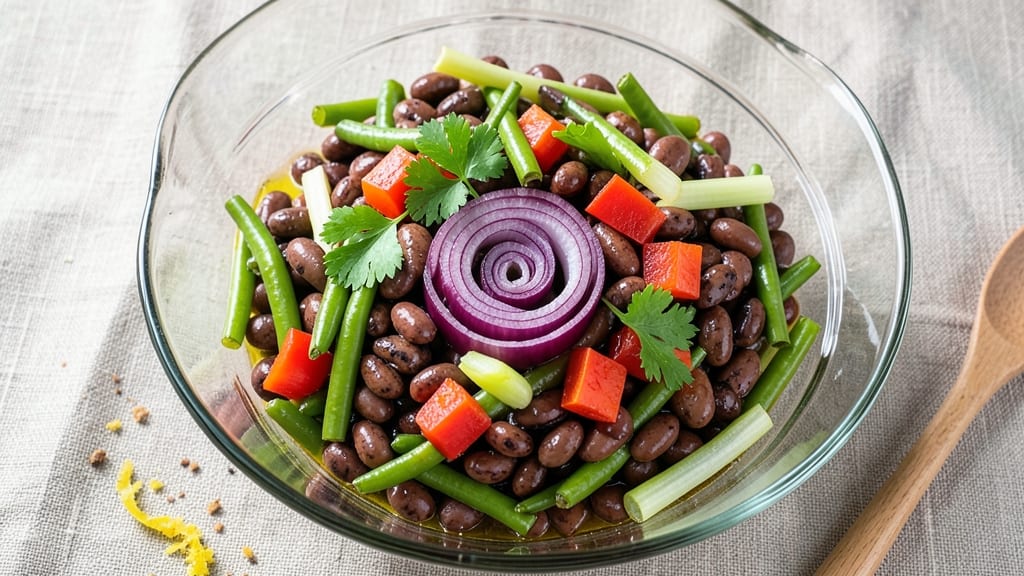 Best Ever Three Bean Salad Recipe: Crisp Celery Crowns Over Zesty Herb Dressing