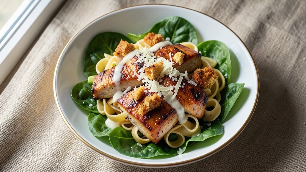 Bowtie Chicken Caesar Salad Recipe: Crispy Parmesan-Crusted Chicken and Celery Crown Crunch