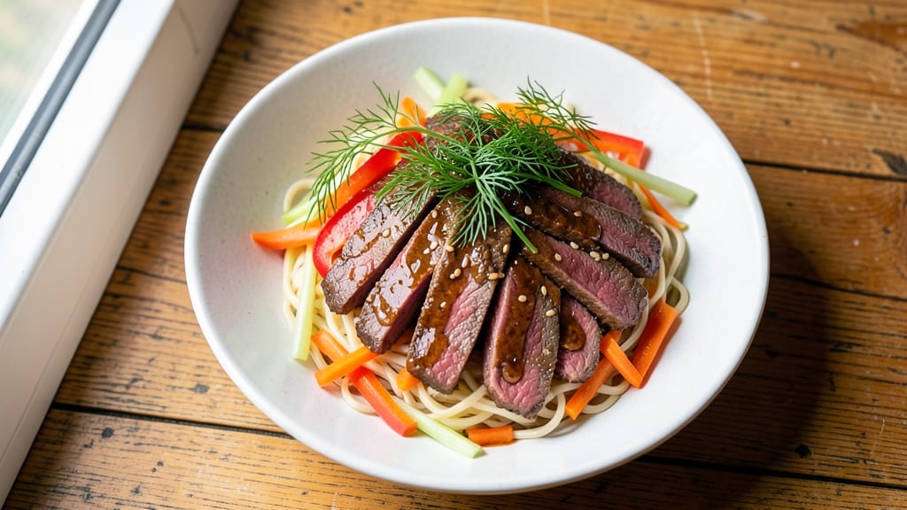 Beef Noodle Salad Recipe: Crispy Celery Crowns Over Zesty Dill-Lime Vinaigrette
