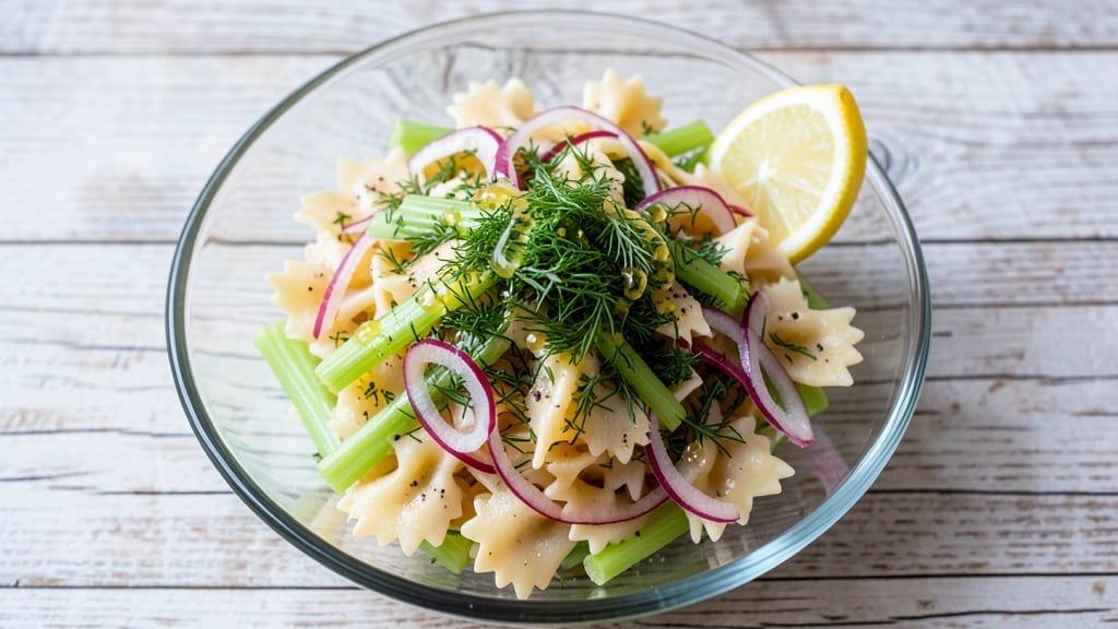 Bow Tie Noodle Salad Recipe: Crunchy Celery Crowns and Zesty Lemon Dressing