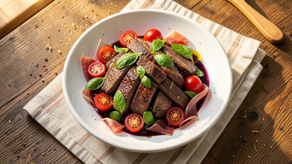 Beef Tomato Salad Recipe: Crispy Prosciutto and Sweet Cherry Tomatoes